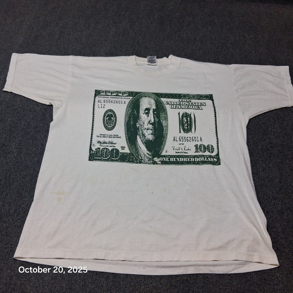 * Vintage 100 Dollar Benjamin Franklin Money‎ Shirt Size XL White